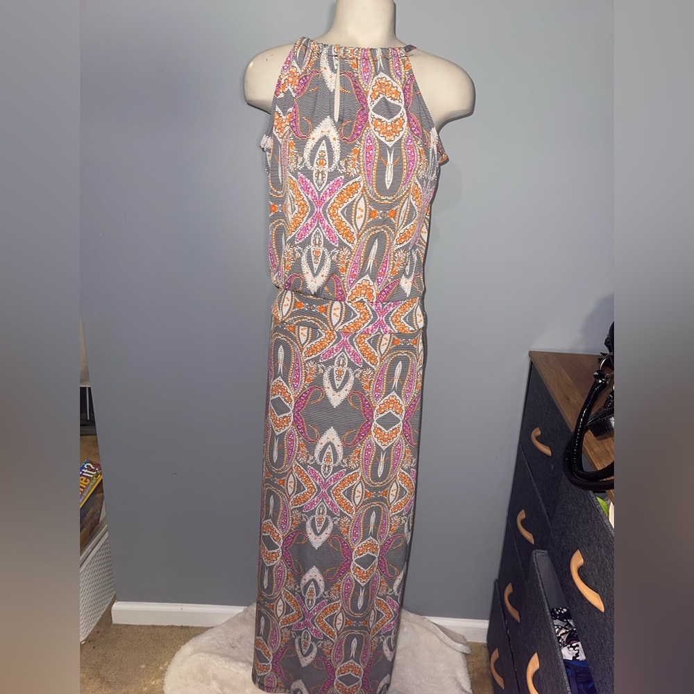 Veronica M Gray and Orange Patterned Maxi Dress with side slit NWT woman’s small